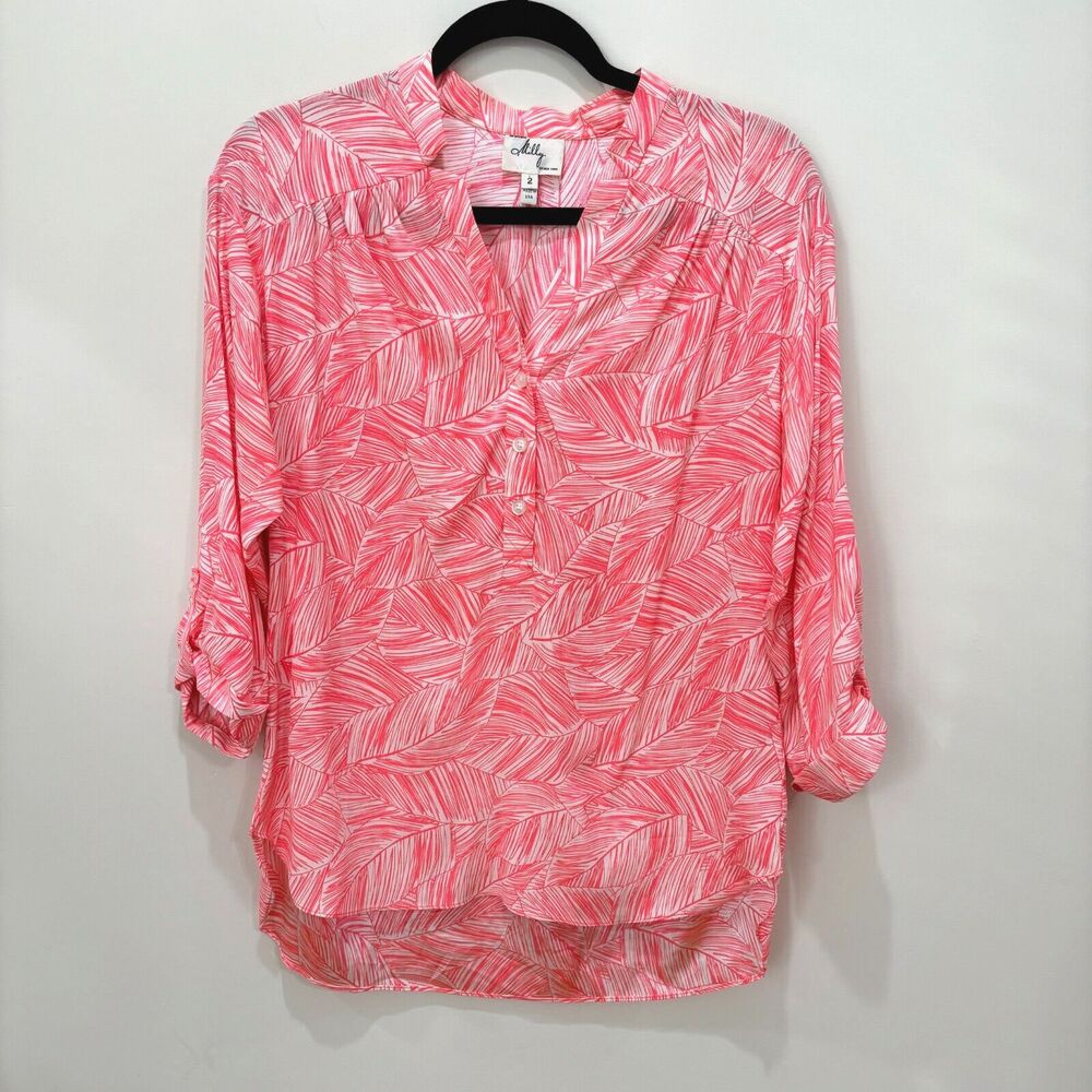 VTG Milly of New York Pink Floral Silk Blouse sz 2 Rolled Tab Sleeves Oversized